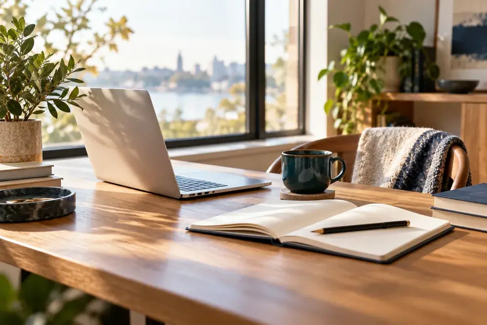 Sunlit learning desk with a laptop and notebook