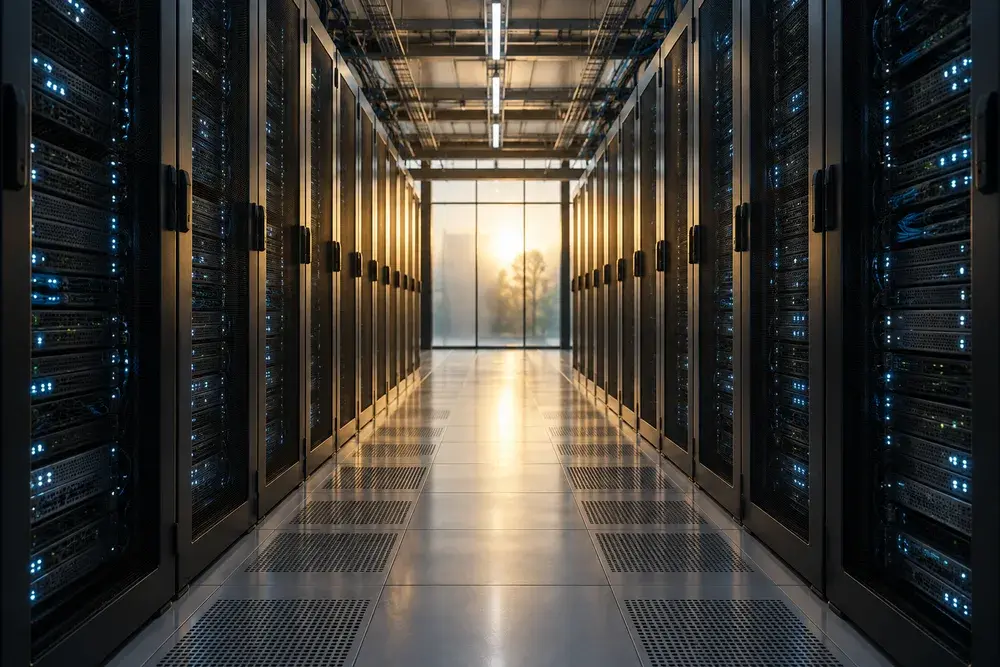 Illustrative server aisle with illuminated racks
