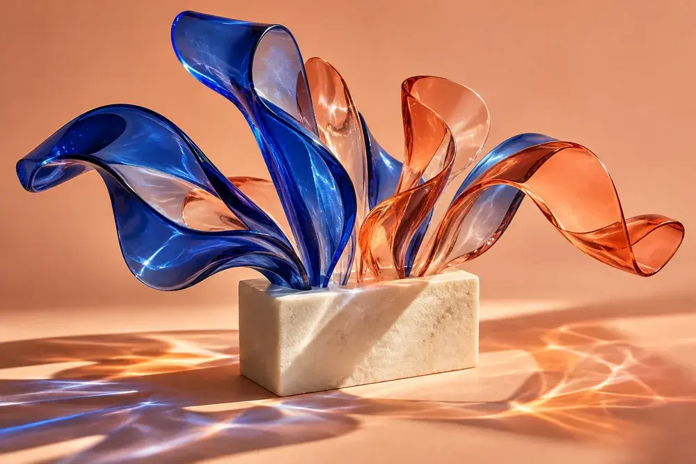 Blue and coral glass sculpture representing creative ideas